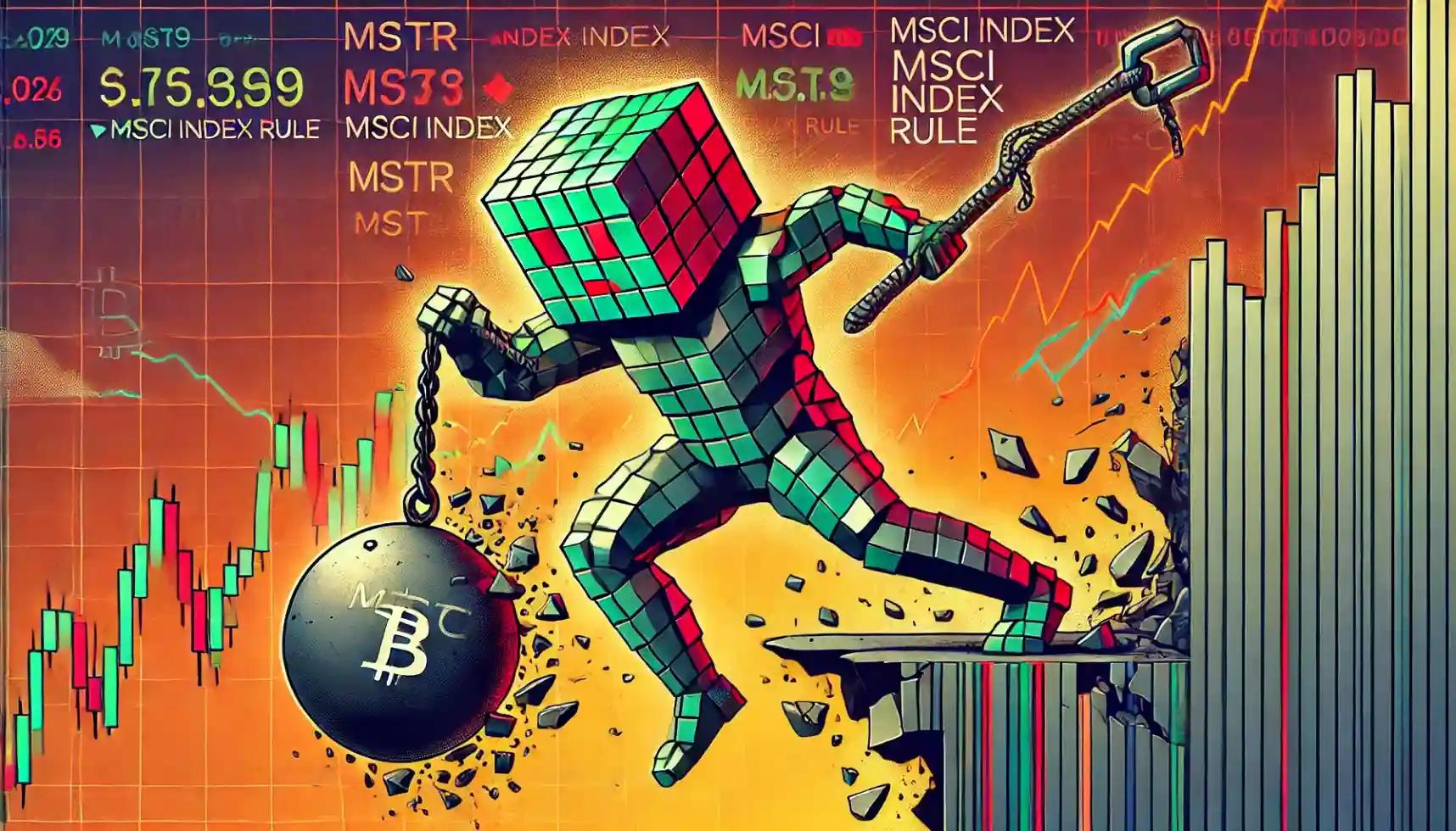 Robot balances on falling stock chart facing MSCI index exclusion risk