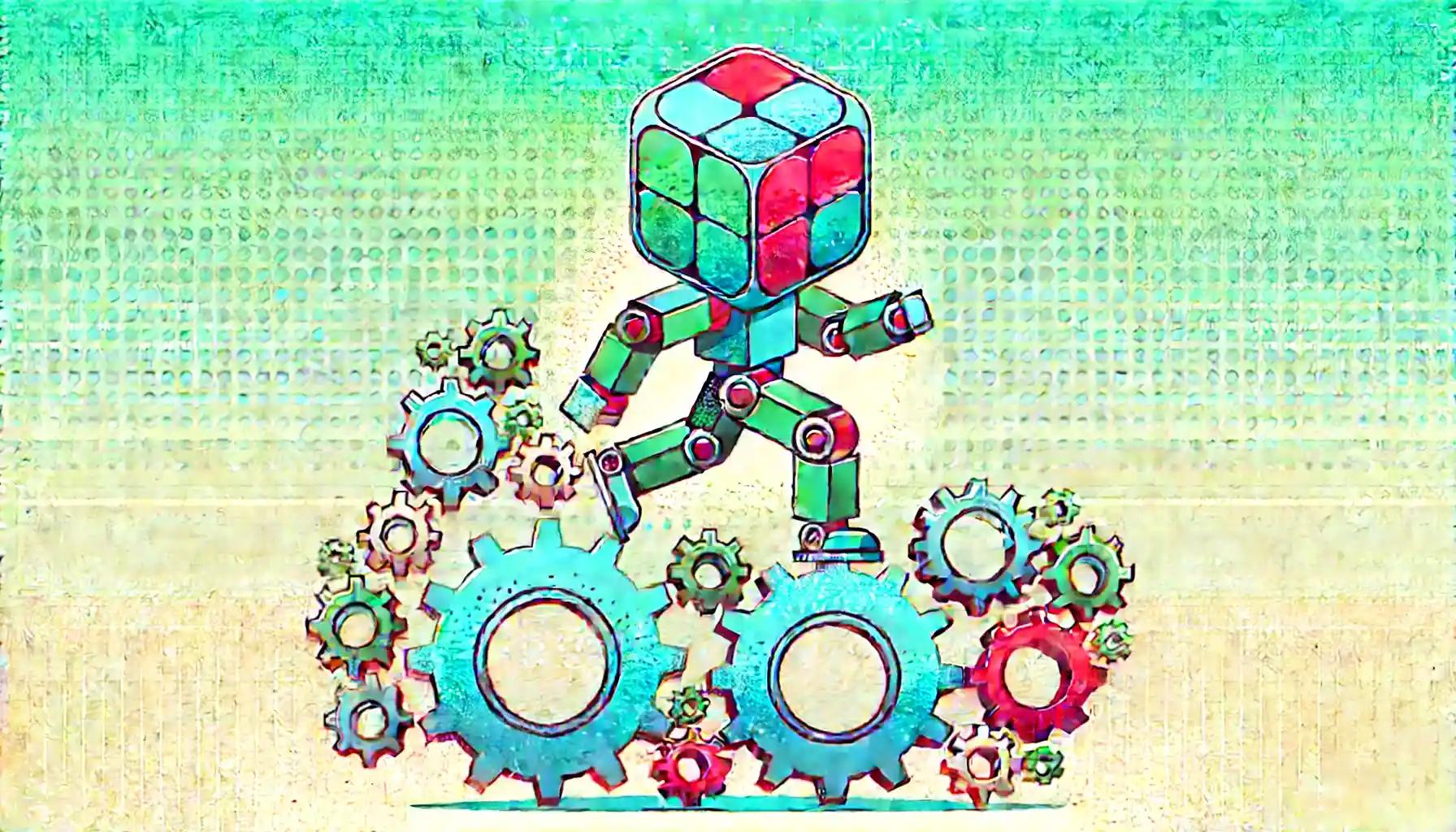 Robot balances on stablecoin above pastel gears in coin market cap