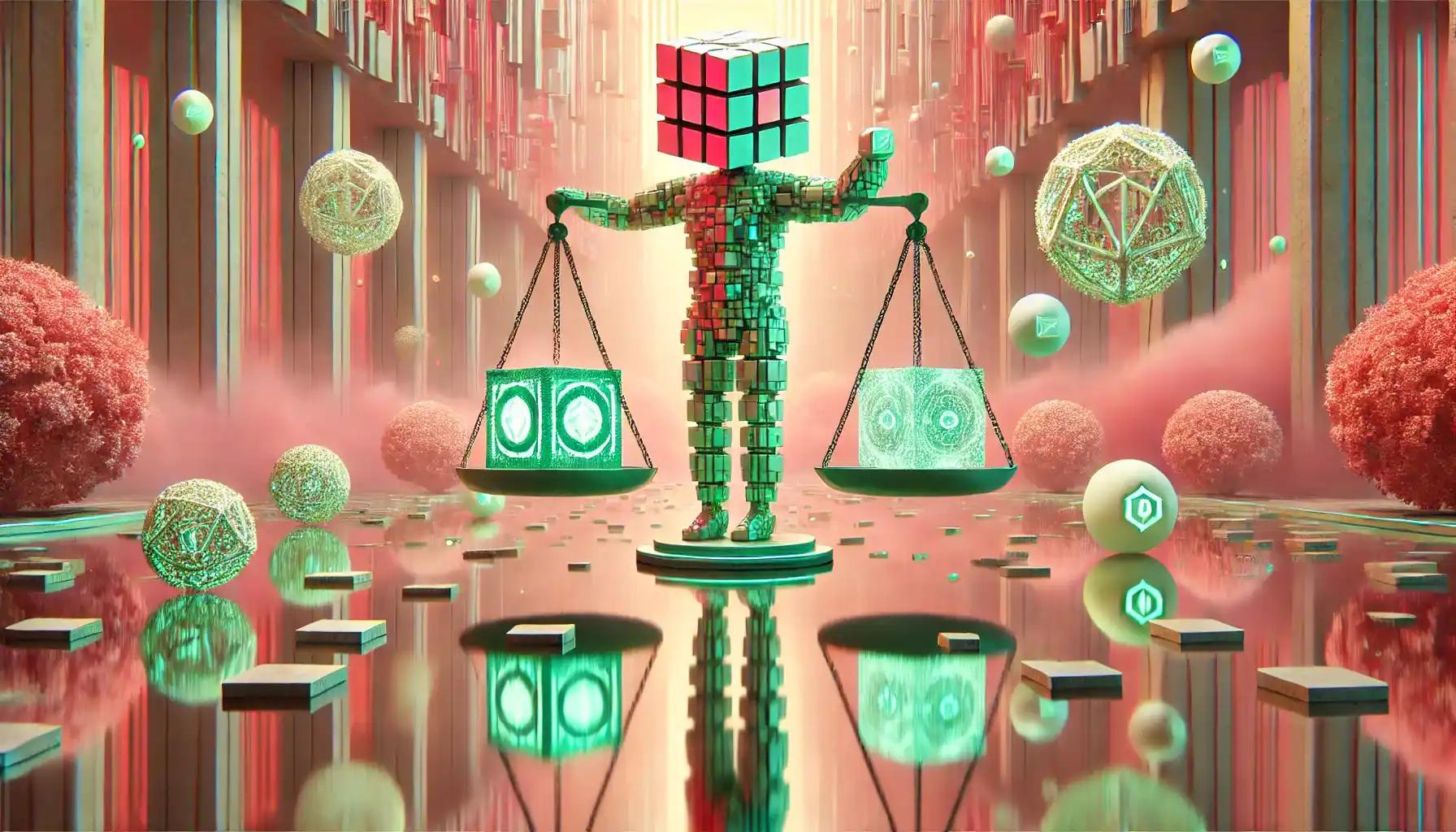 Robot balances scales between DOJ orbs and crypto blocks