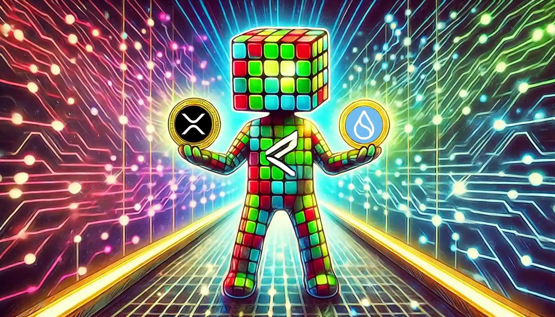 Robot balancing XRP and SUI coins on blockchain bridge