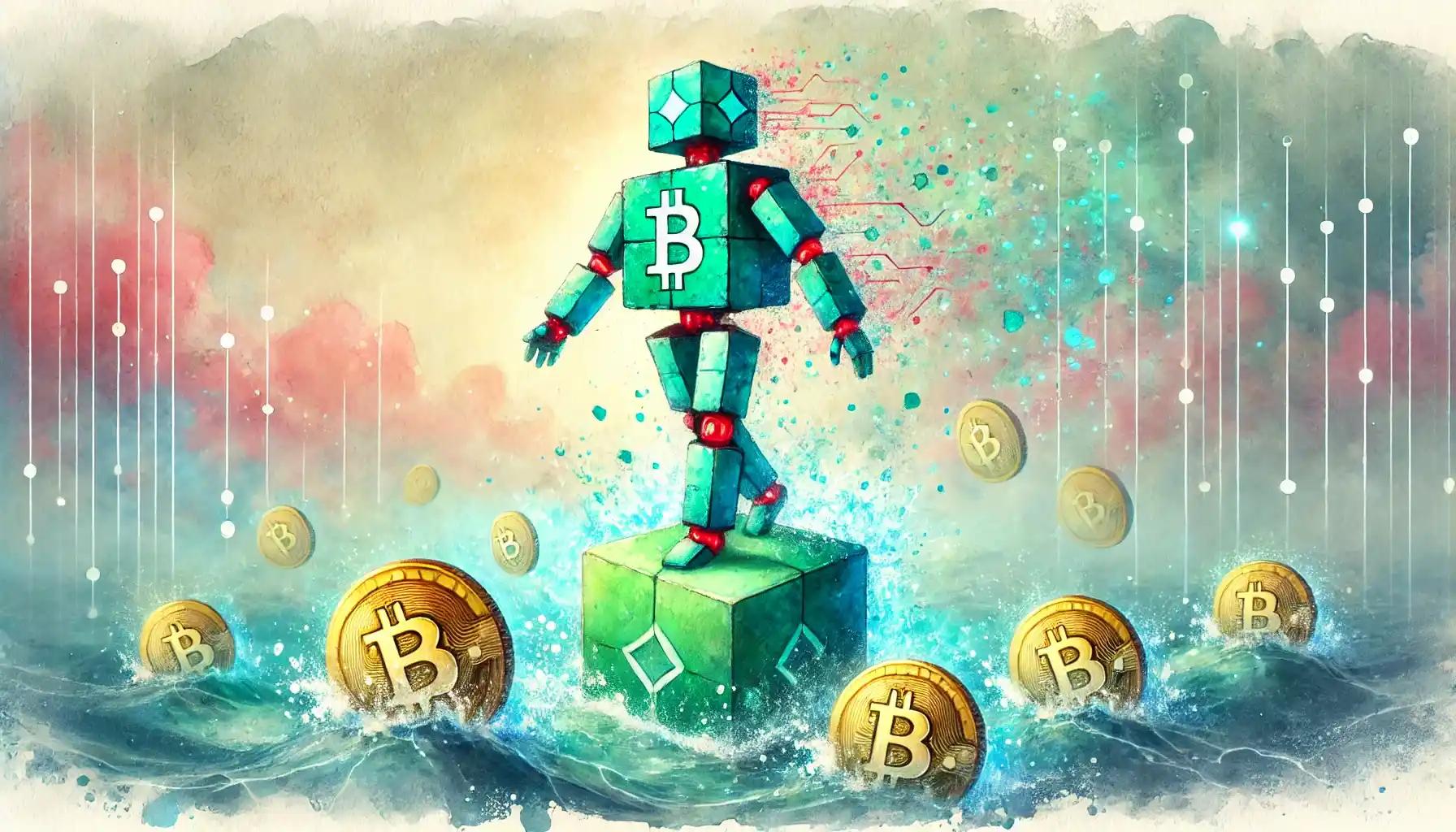 Robot balancing atop pastel Bitcoin discs over code ocean