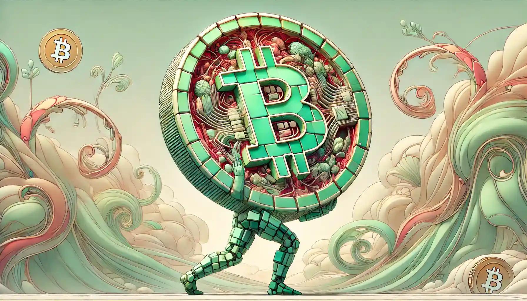 Robot balancing bitcoin coin amid swirling mint assets