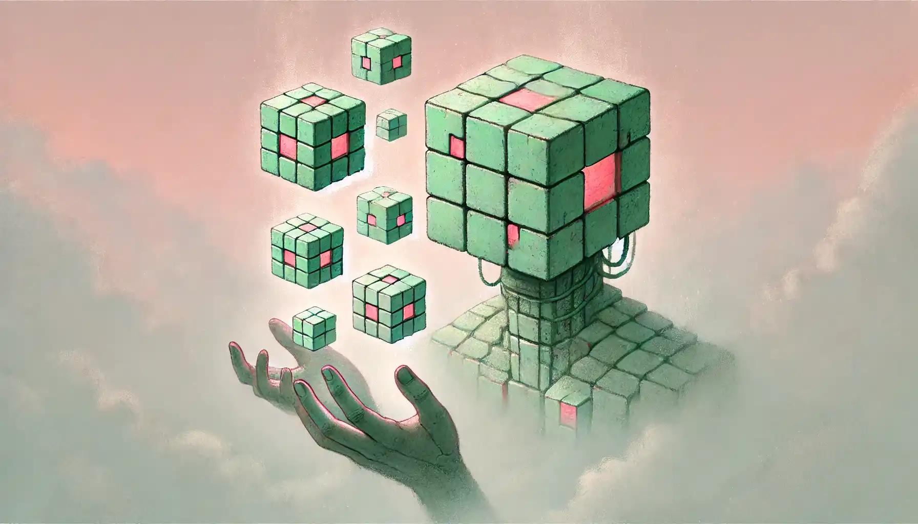 Robot balancing ivory cubes in misty mint-red, coin market cap