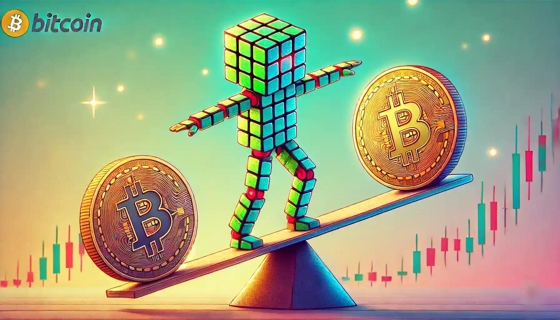 Robot balancing on a seesaw between bullish and bearish Bitcoin coins