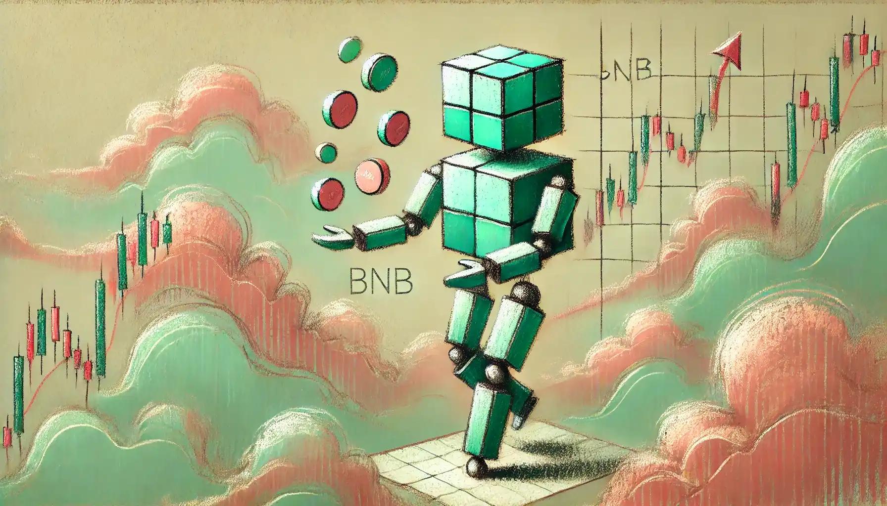 Robot balancing pastel tokens on floating corporate BNB treasuries
