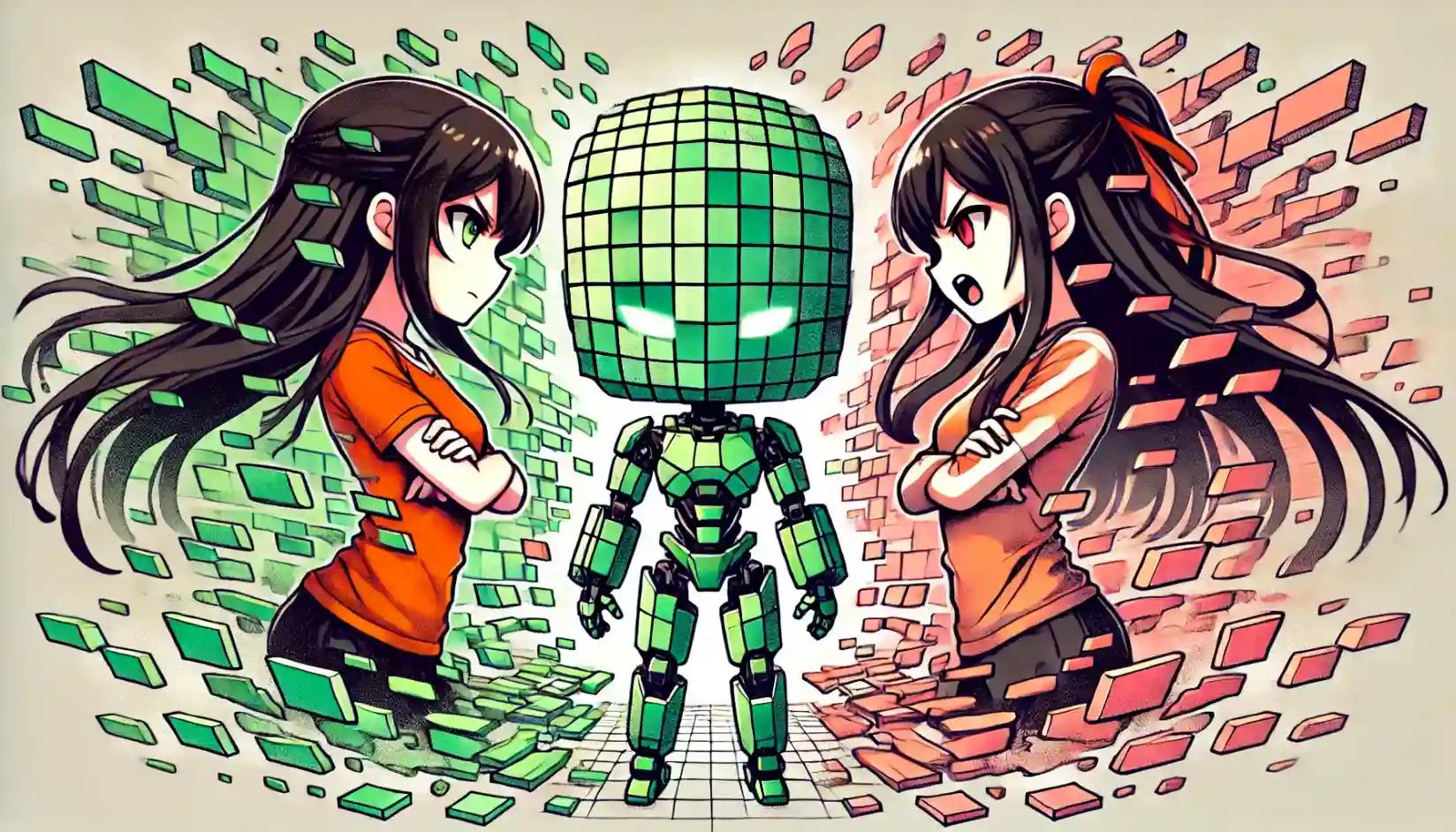 Robot between rival AI girls on digital field