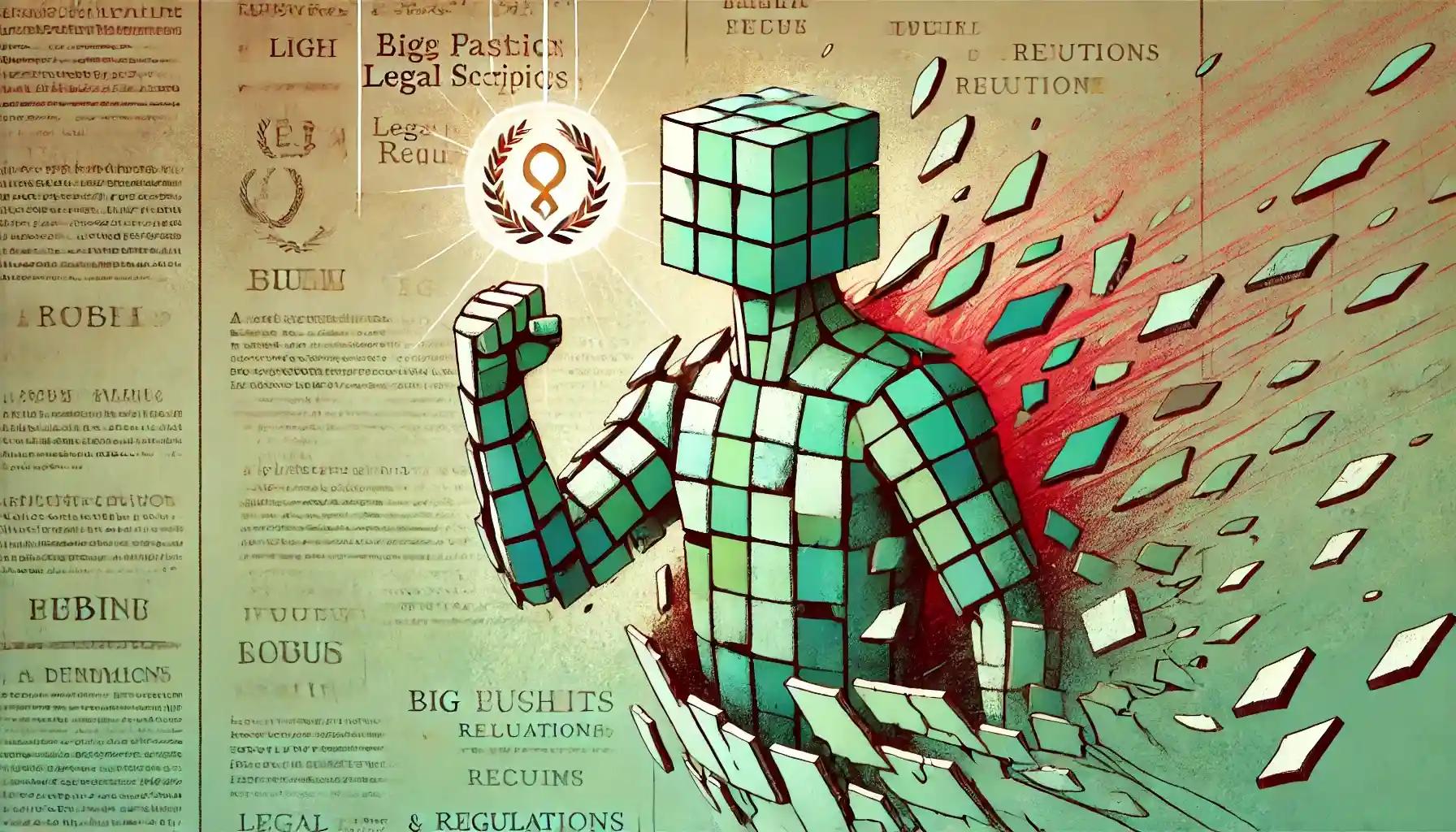 Robot breaking regulatory wall, revealing glowing token behind