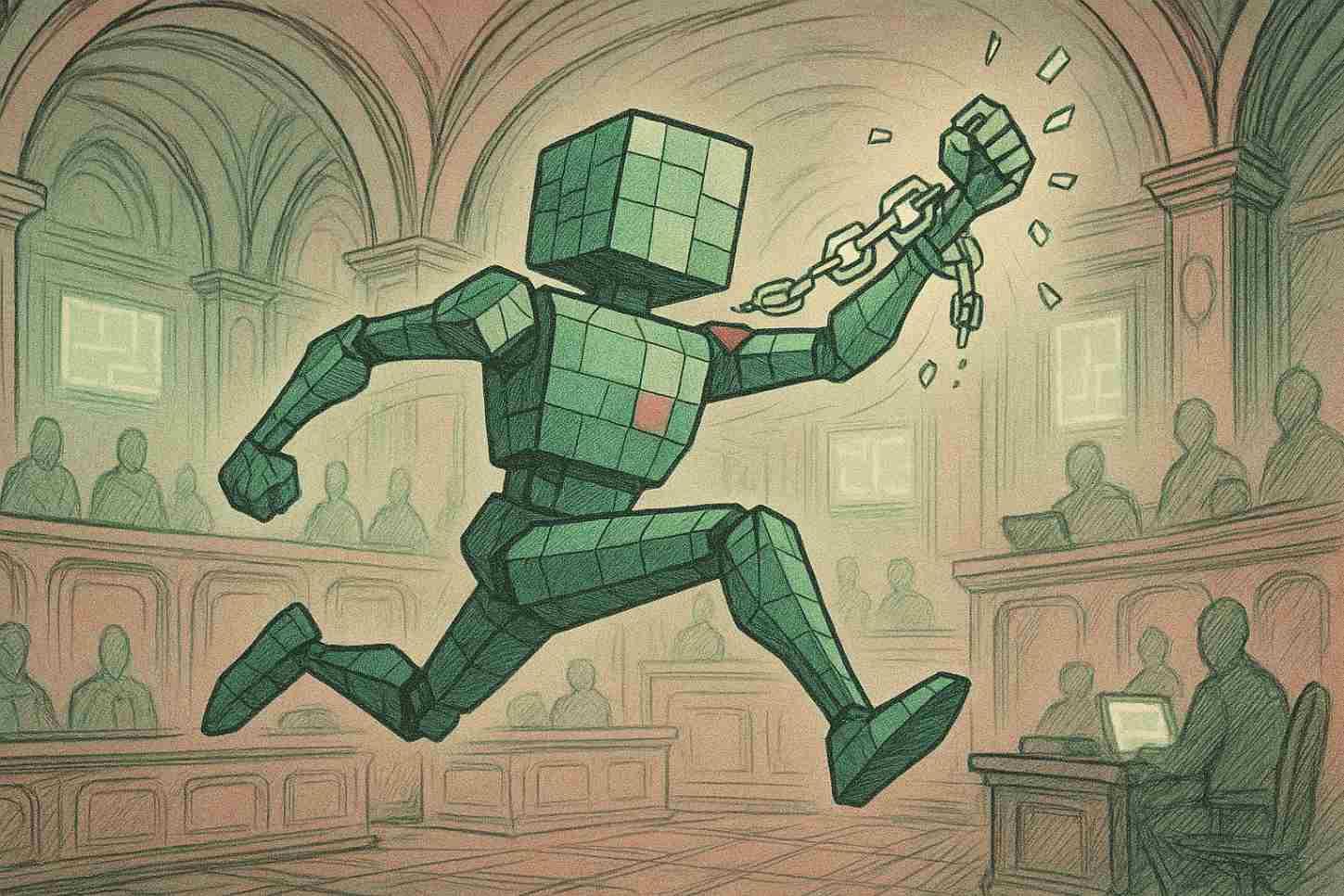 Robot breaks digital cuffs mid-leap in surreal courtroom