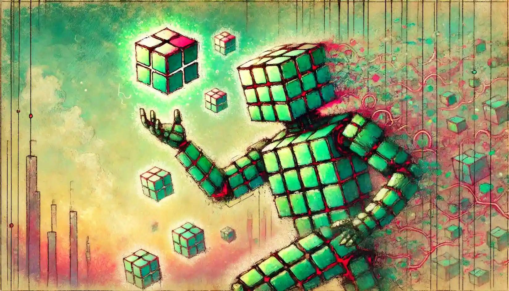 Robot builds blockchain wall, pastel blocks under soft sky