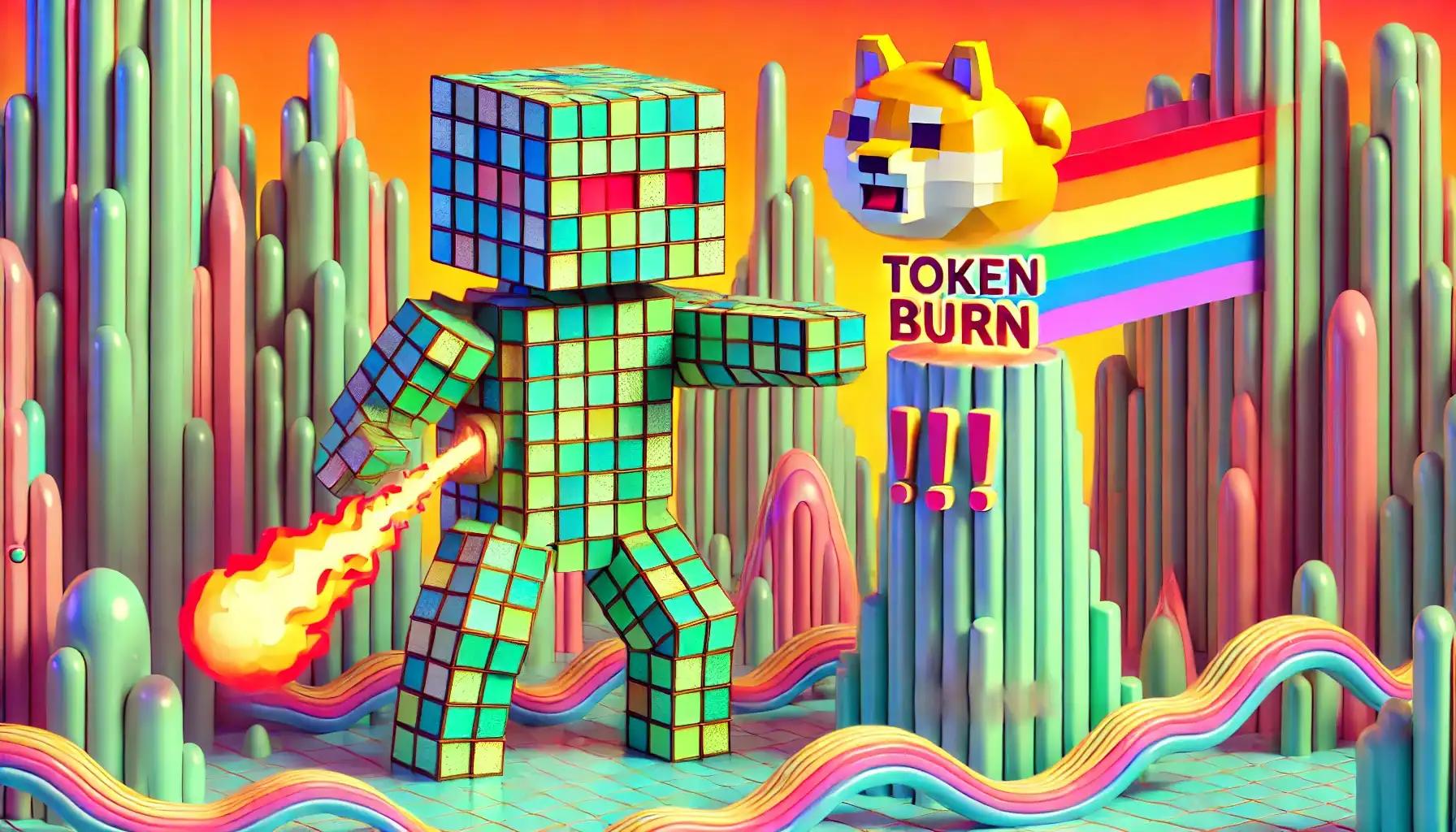 Robot burning BONK tokens, fiery pastel canyon scene