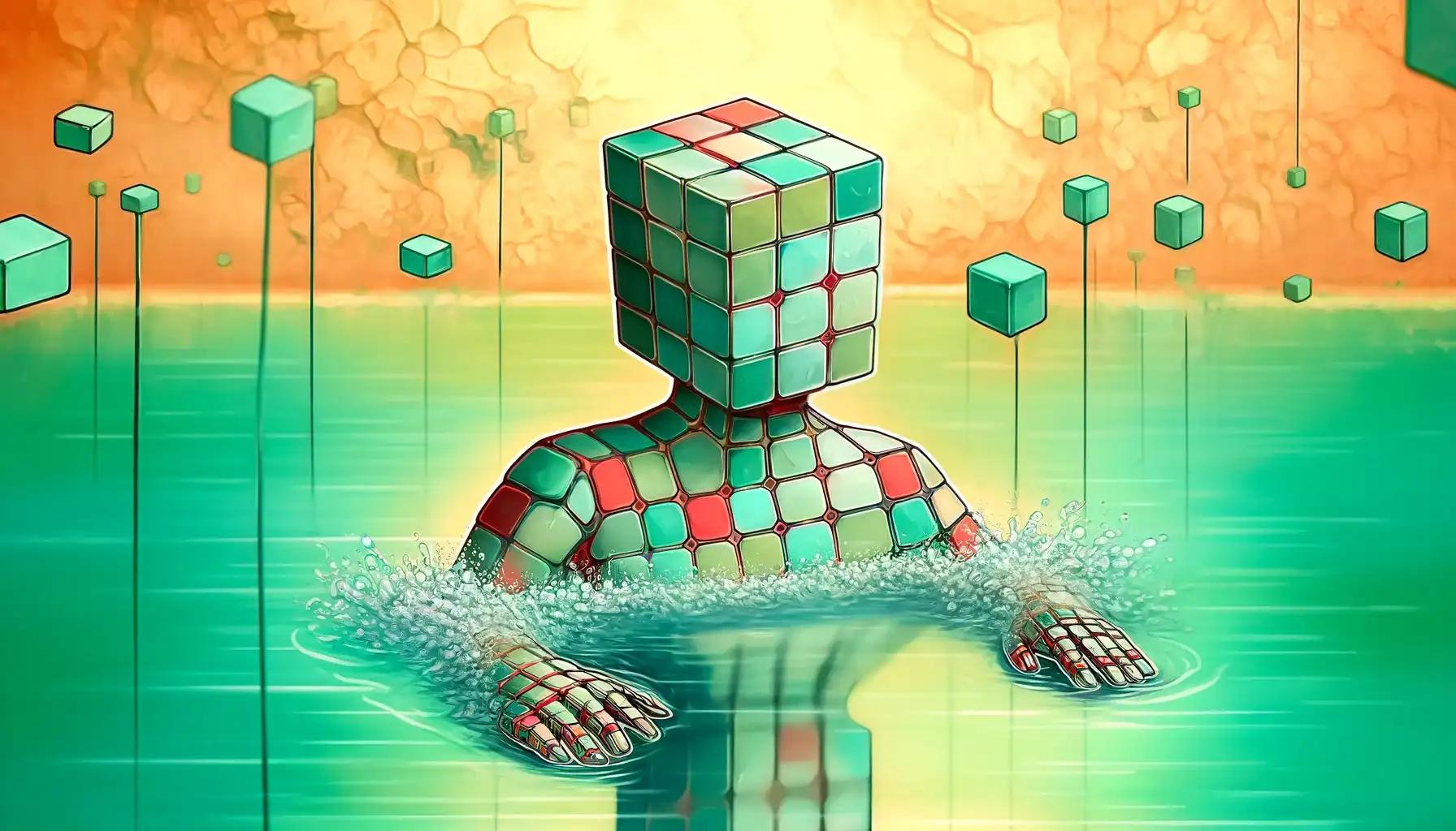 Robot by virtual pool, reflecting staked tokens