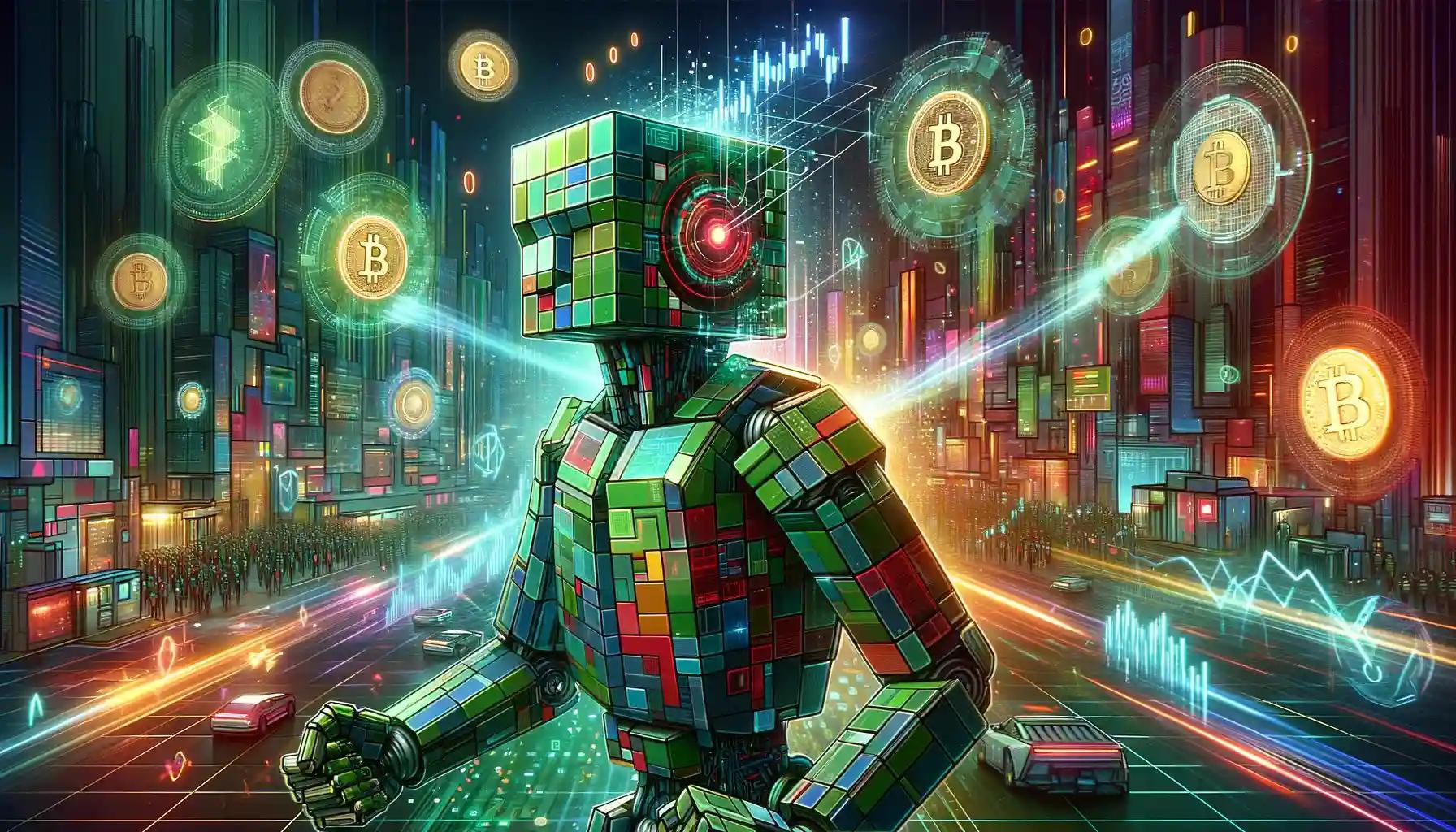 Robot calculating crypto cost basis in futuristic city