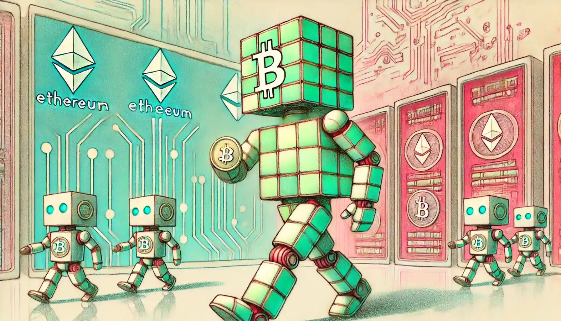 Robot carrying Bitcoin and Ethereum across a futuristic financial landscape