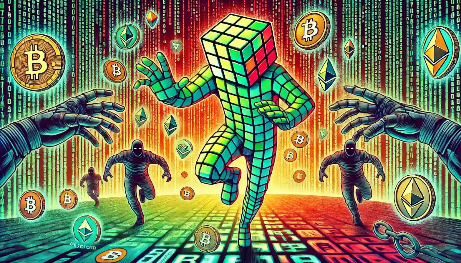Robot catching stolen crypto mid-air while firewalls block cybercriminals