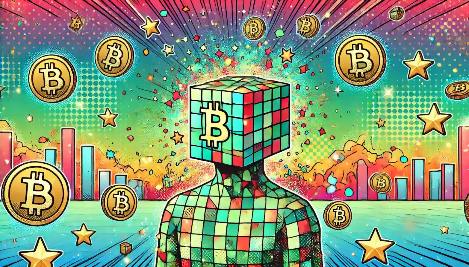 Robot celebrating Bitcoin’s $100K with glowing blockchain sparks