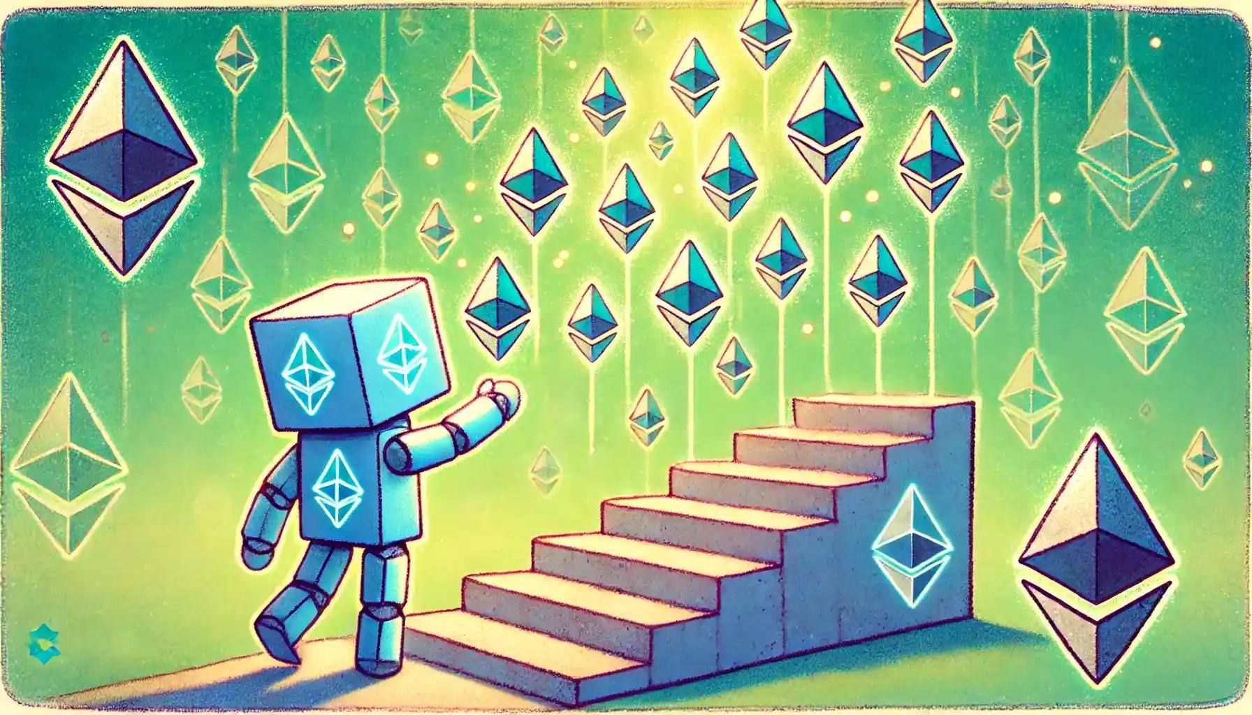 Robot climbs Ethereum token staircase over pastel backdrop