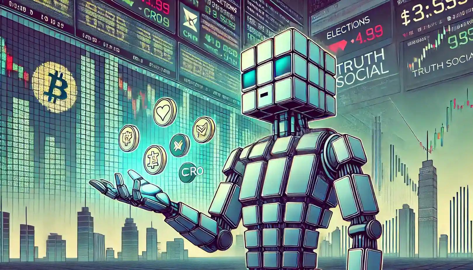 Robot connects Truth Social and Crypto com through glowing CRO bridge
