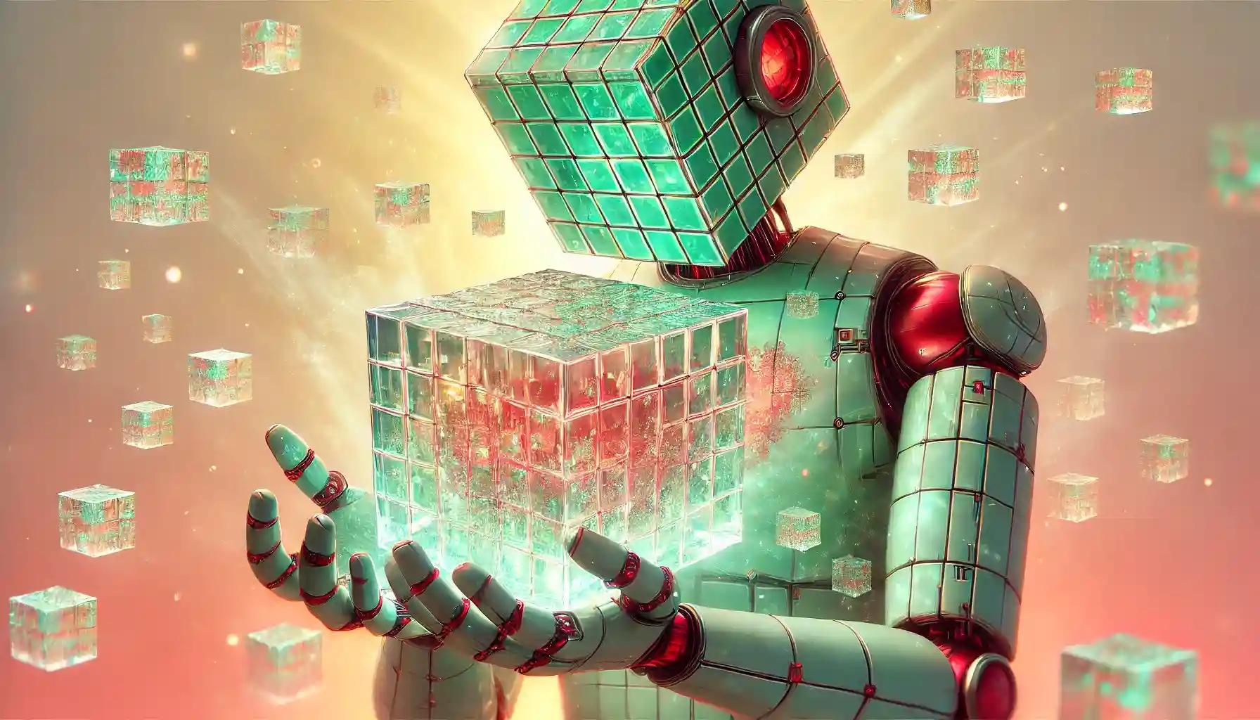 Robot cradles crystal cube refracting pastel light, reflecting crypto price