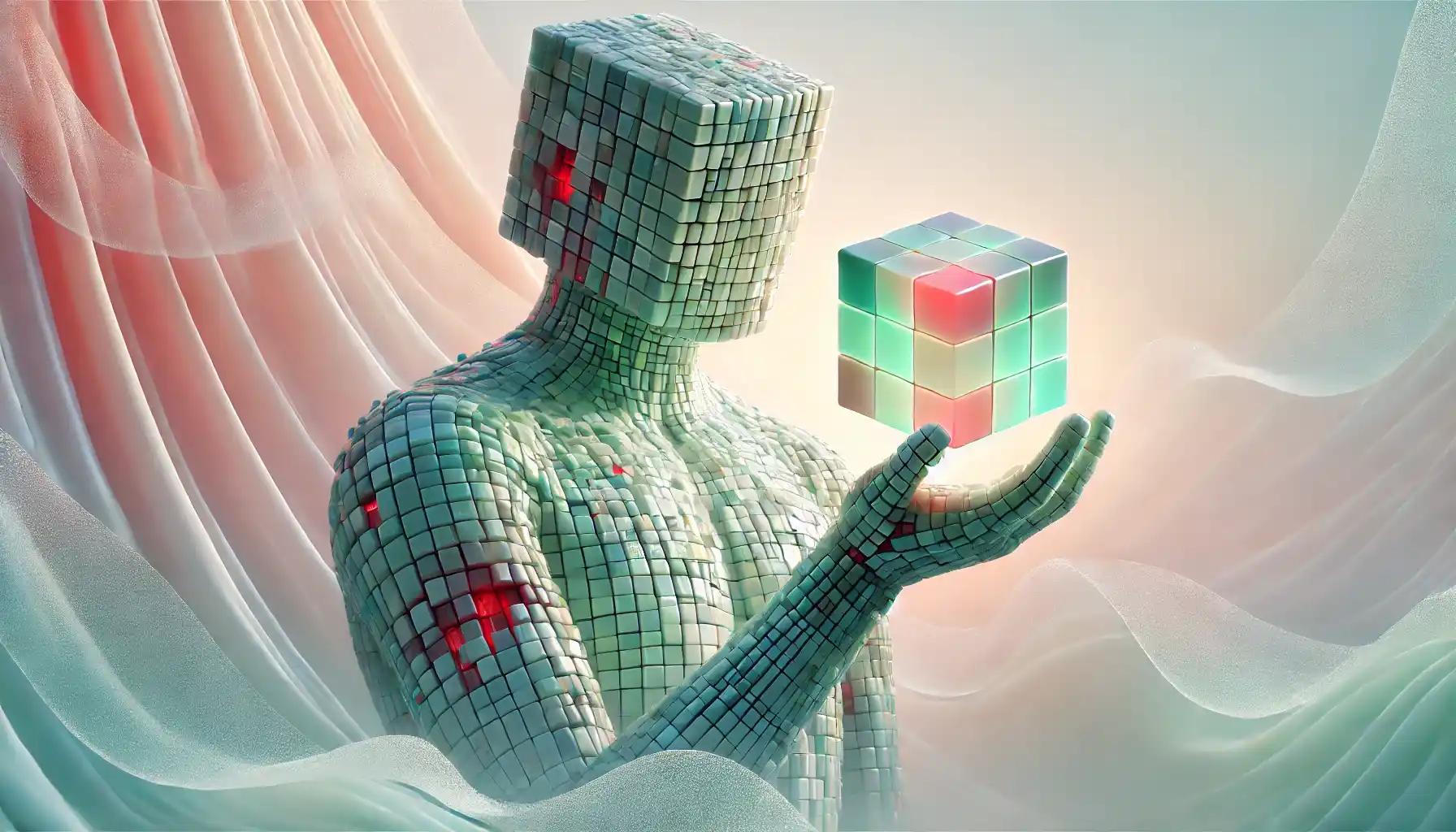 Robot cradles glowing ivory cube reflecting mint, pastel crypto price index