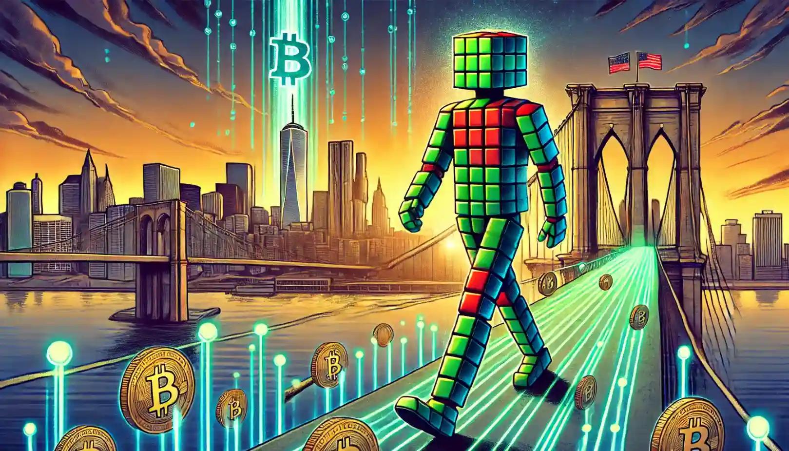 Robot crosses digital coin bridge linking U.S. and European skylines