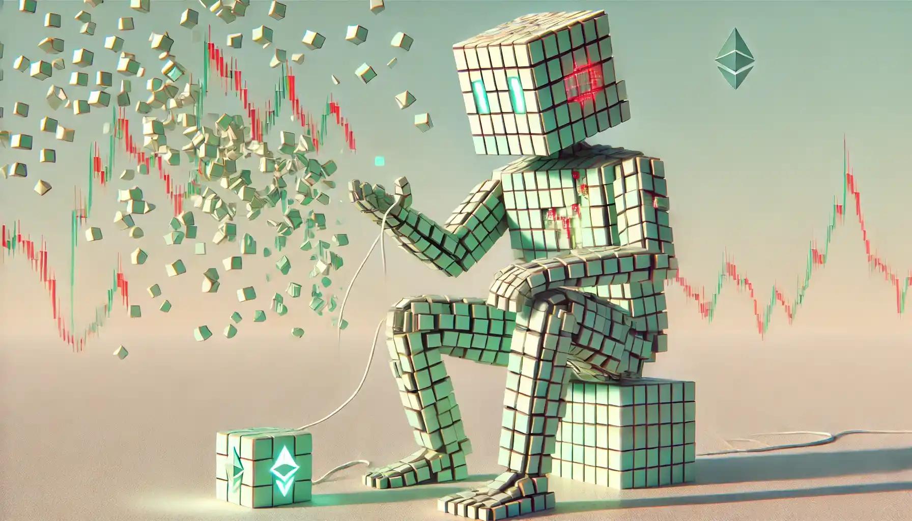 Robot dismantles fake price oracle, glitching data floods pastel grid