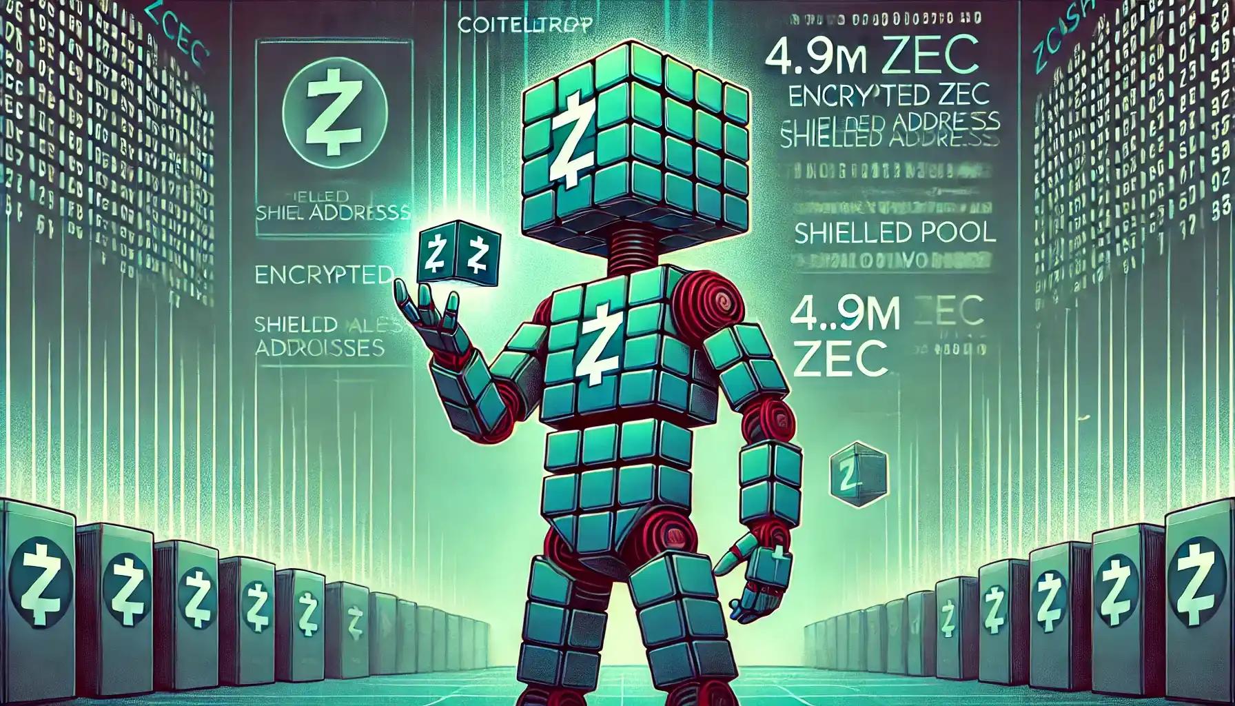 Robot displays shielded wallet hologram showing 4.9M ZEC private balance