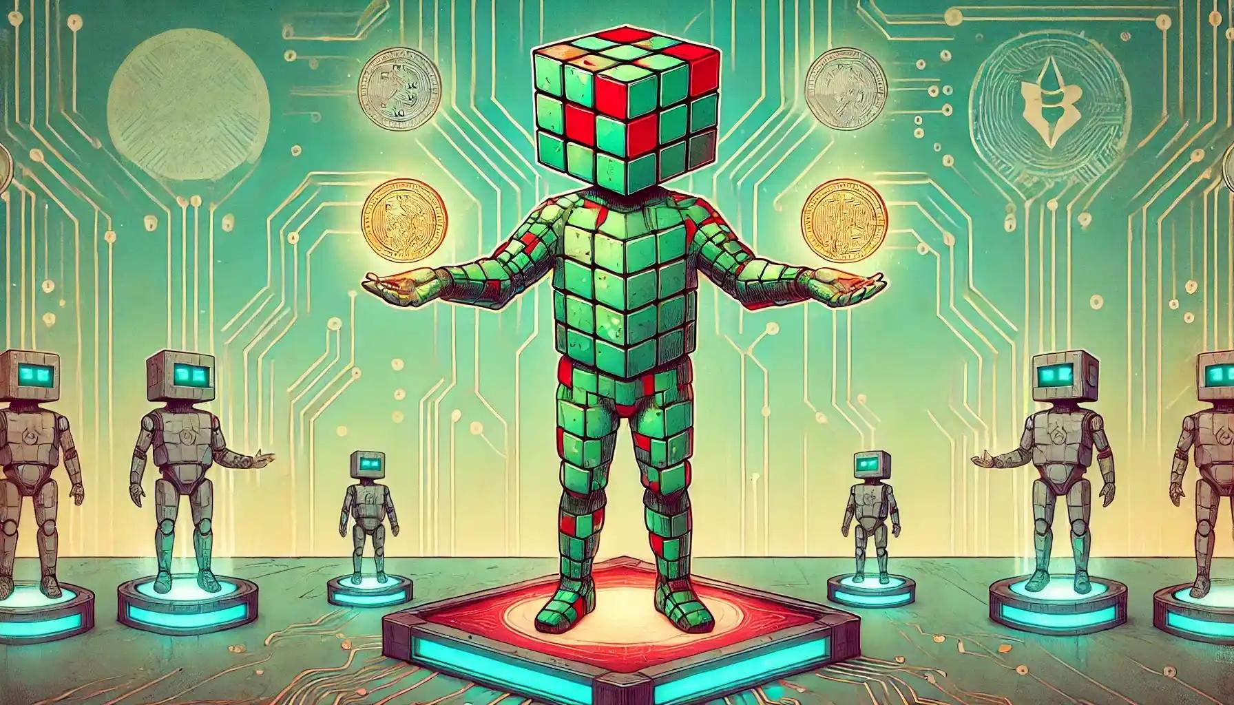 Robot distributing glowing tokens on futuristic trading platform