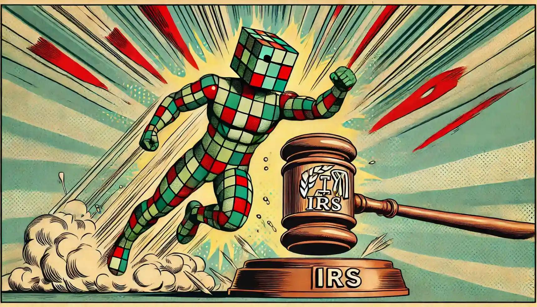 Robot dodges IRS gavel, symbolizing pro-crypto leadership change at IRS
