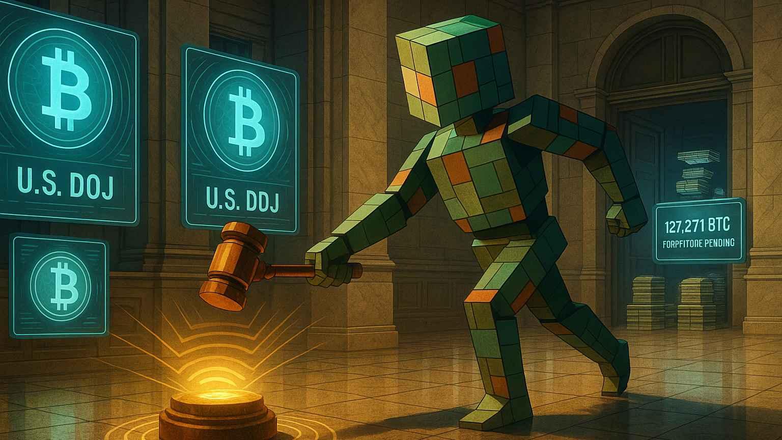 Robot enforces crypto forfeiture amid blockchain courtroom showing U.S. DOJ crypto price index data