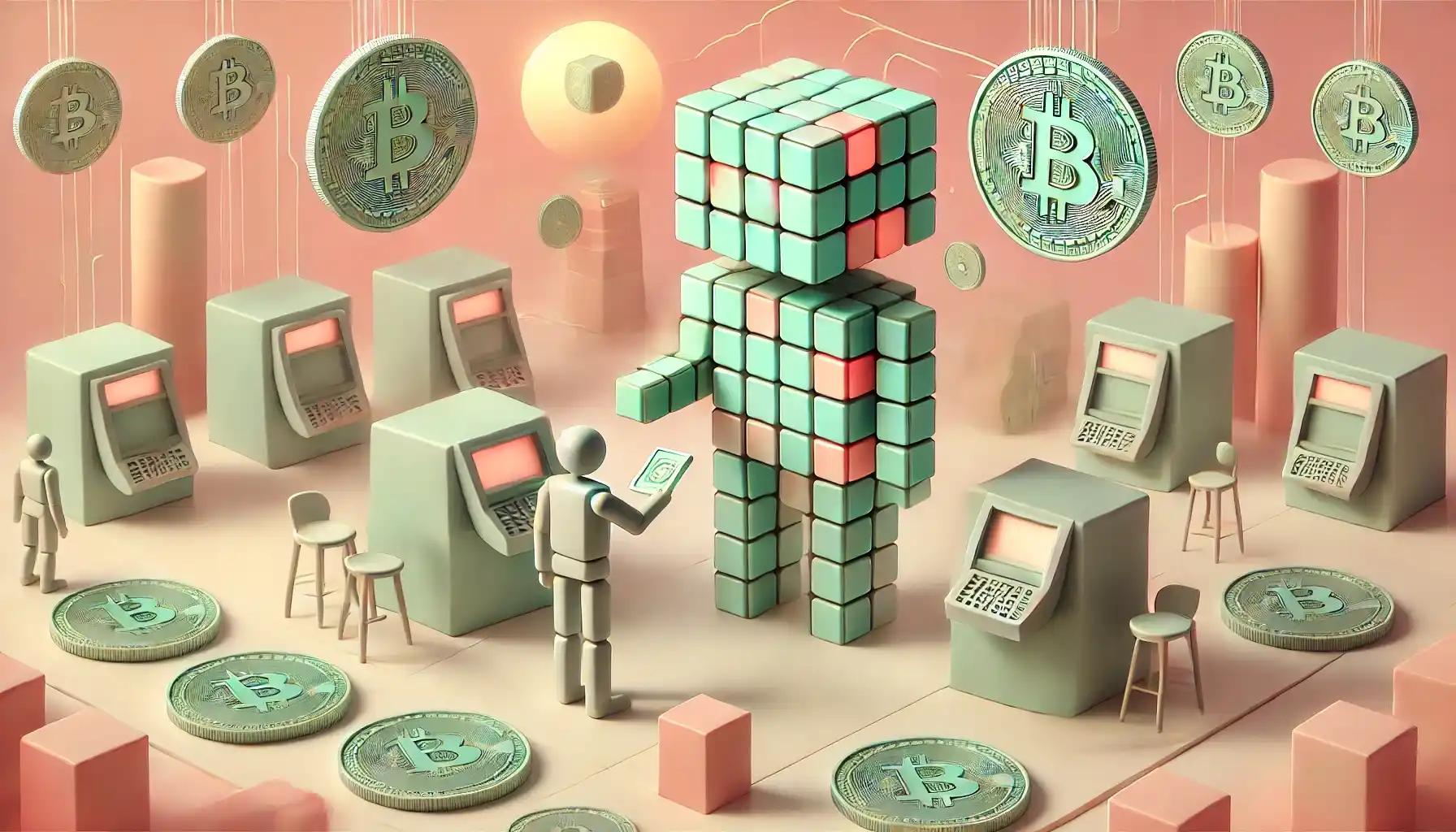 Robot exchanging stablecoin card in pastel futuristic marketplace