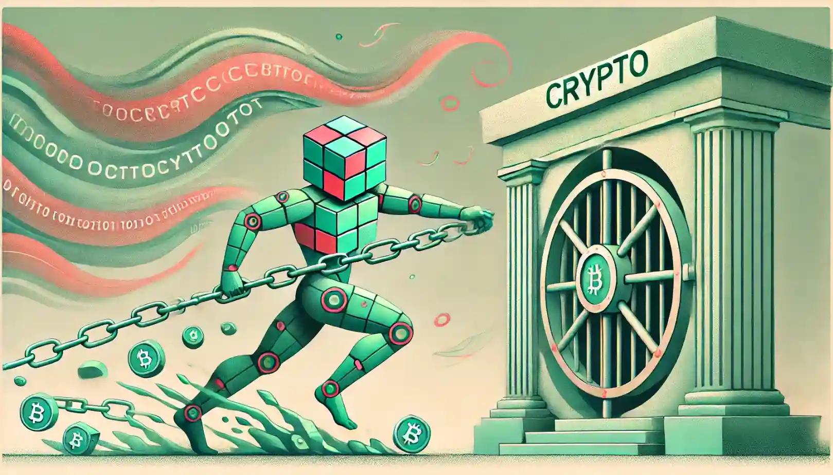 Robot fights crypto regulation forces with glowing chain in motion