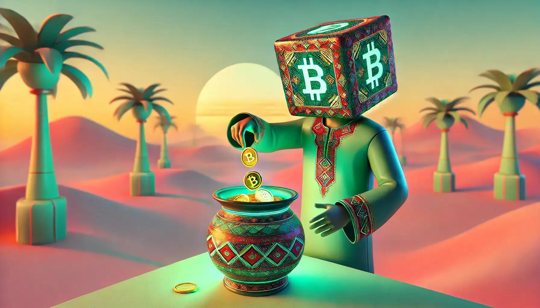 Robot filling a UAE pot with glowing crypto coins.