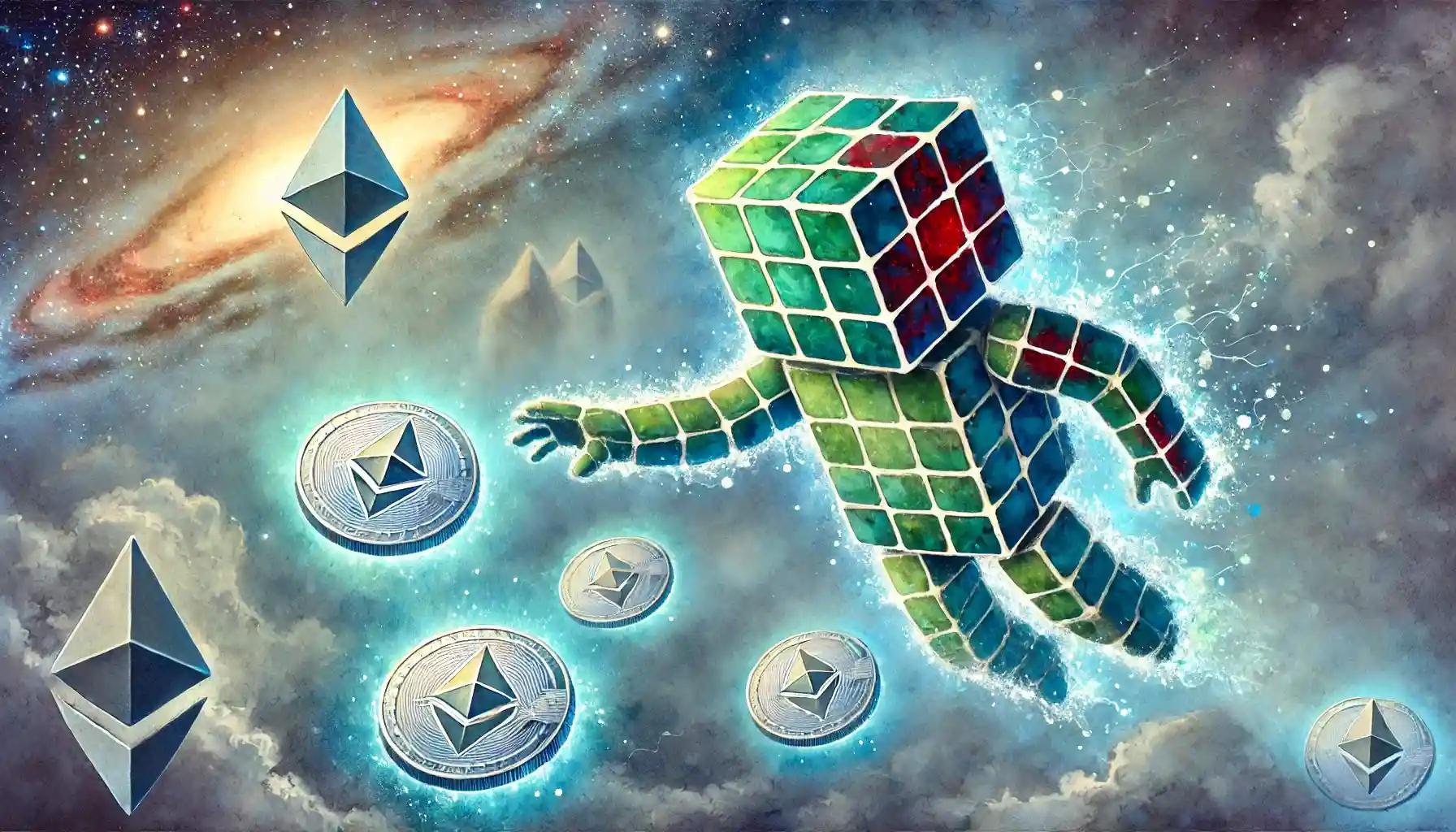 Robot floating in cosmic blockchain landscape with Ethereum coins