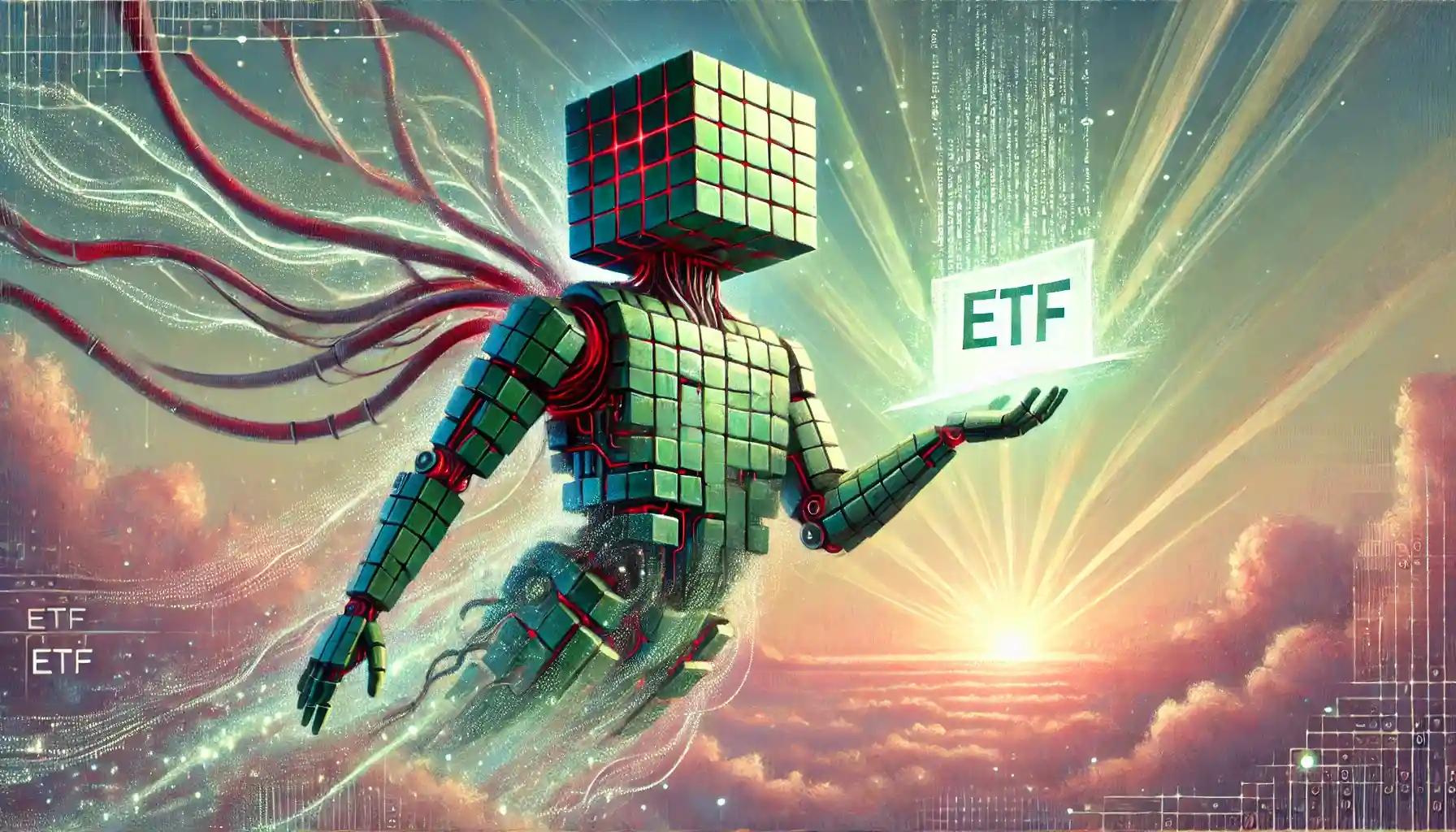 Robot flying with glowing ETF document over pastel sky