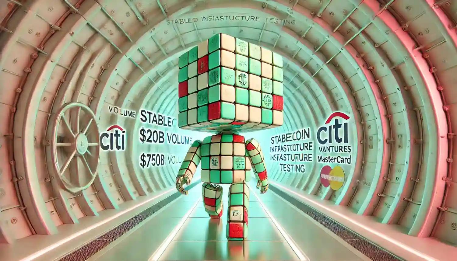 Robot guiding holographic stablecoin sheets in mint pastel treasury tunnel