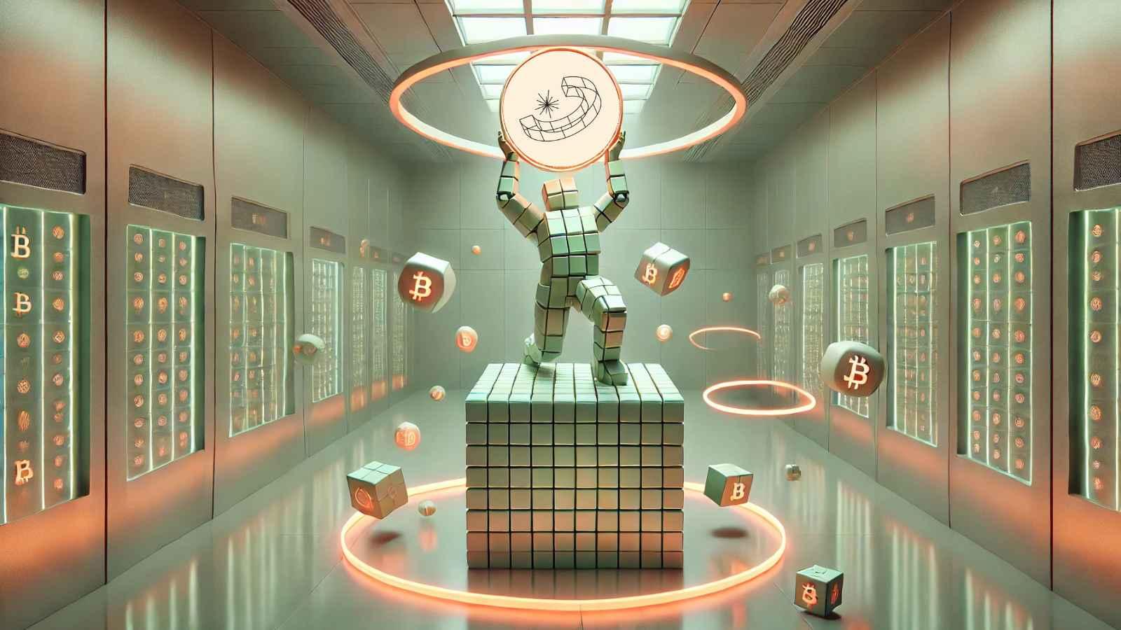 Robot hoists BTC orb in pastel vault