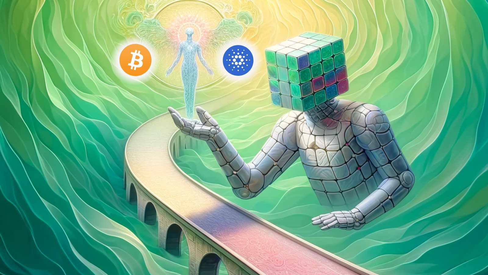 Robot holding a pastel bridge toward a DeFi symbol