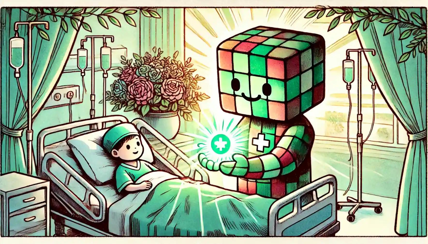 Robot holding capsule with smiling hospital girl under sunny glow