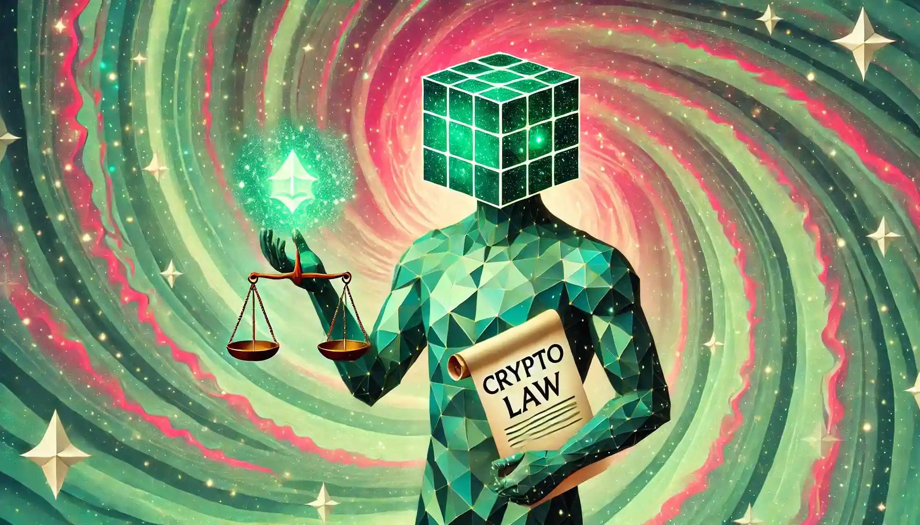 Robot holding crypto law scroll, scales, pastel vortex behind