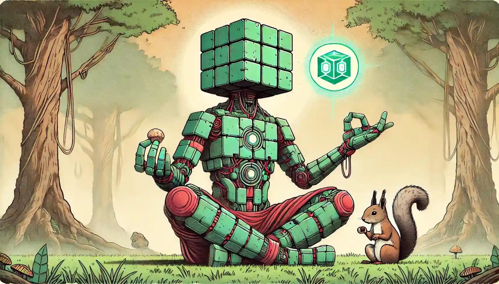 Robot holds glowing PNUT token; squirrel scampers on branch