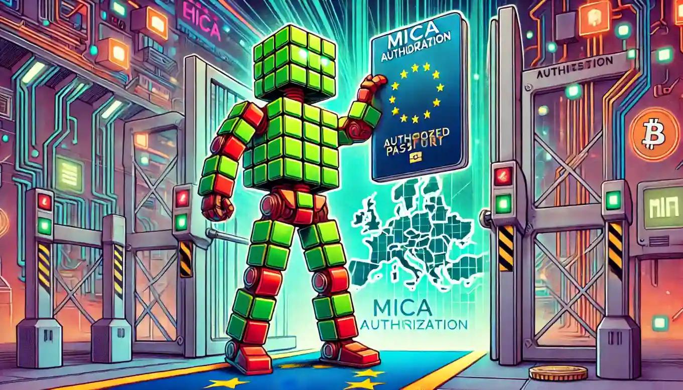 Robot holds up a glowing MiCA passport, opening regulated access to the European market