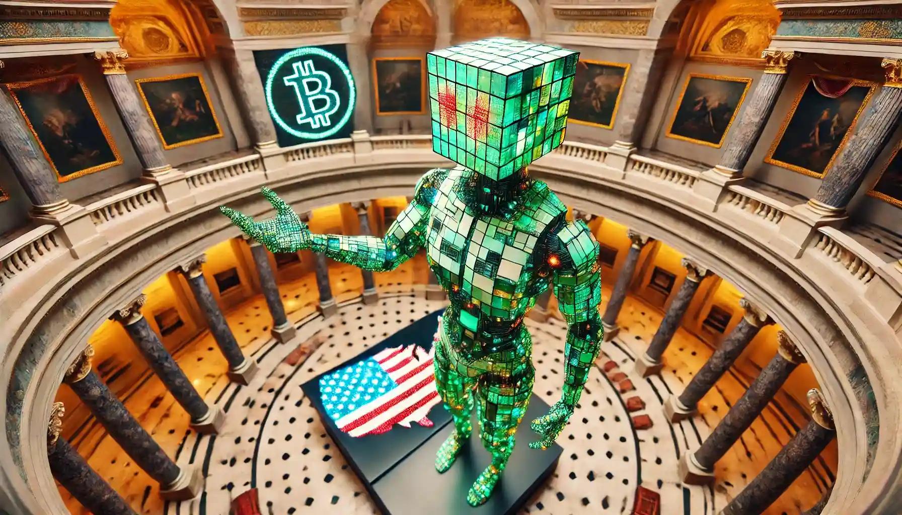 Robot in Rotunda showing Bitcoin reserves, symbolizing US crypto shifts