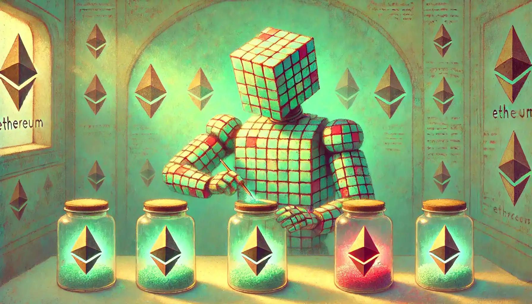 Robot inscribes Ethereum emblems symbolizing institutional ETH accumulation and coin market cap