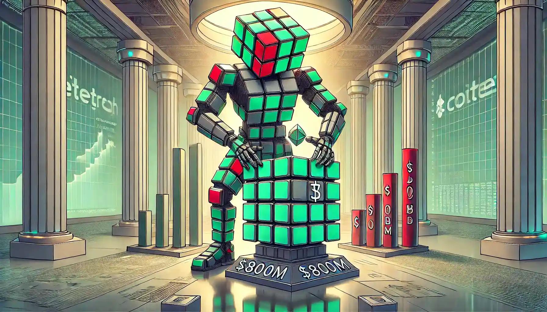 Robot inserts funding block representing Kraken valuation shift in digital markets