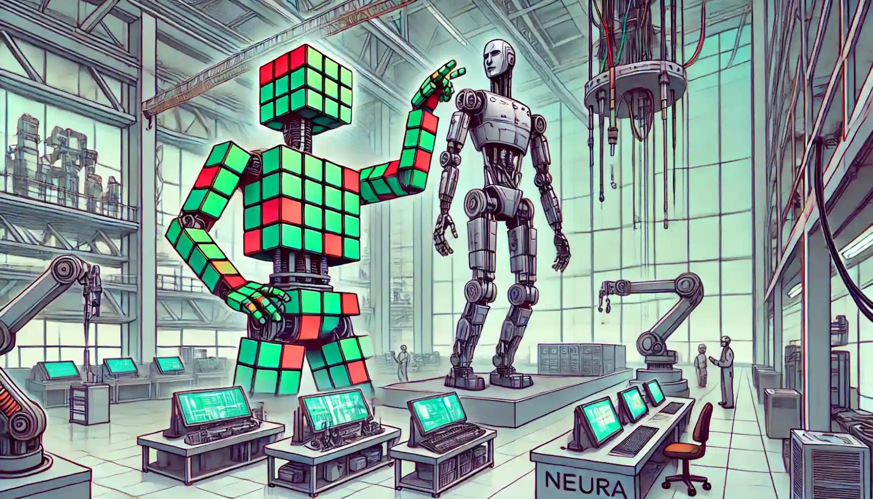Robot inspects Neura AI prototype connected to crypto price index signals