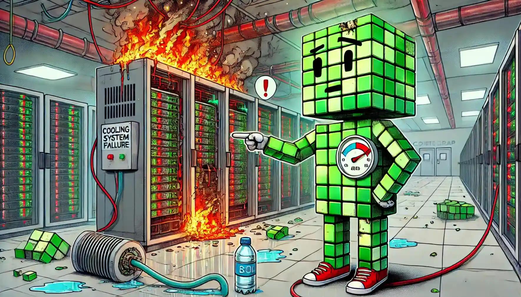 Robot inspects an overheating server rack after a critical cooling system breakdown