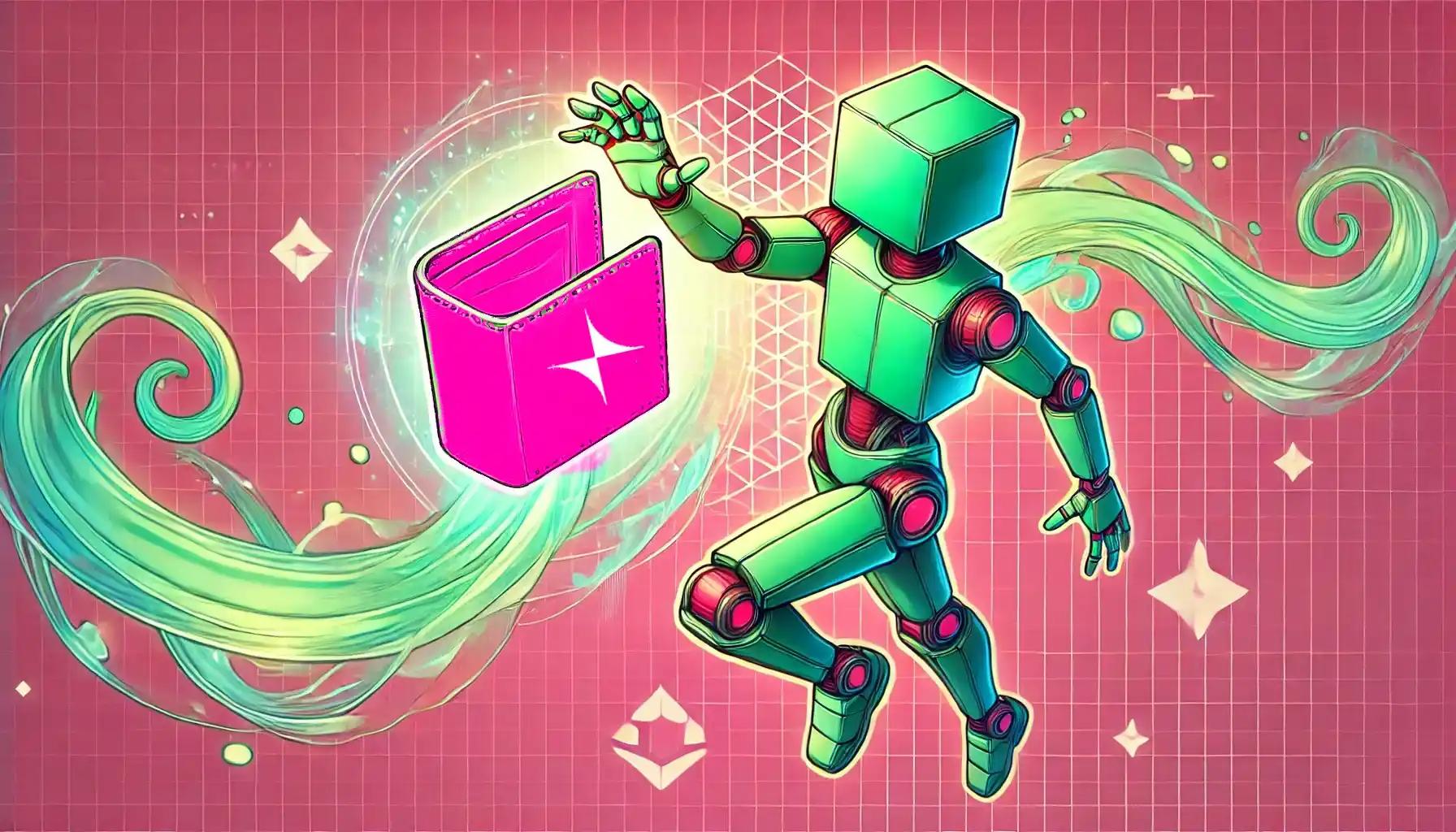 Robot interacts with holographic wallet on a vibrant pink background
