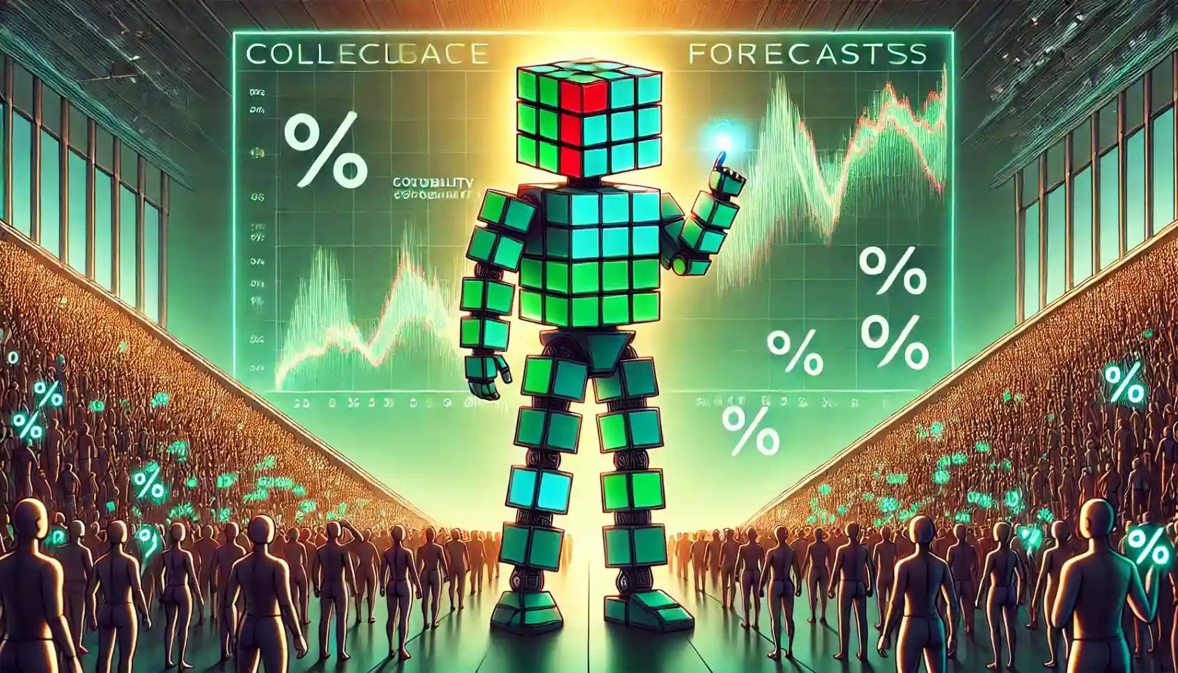 Robot interprets global crowd forecasts through luminous market probability waves