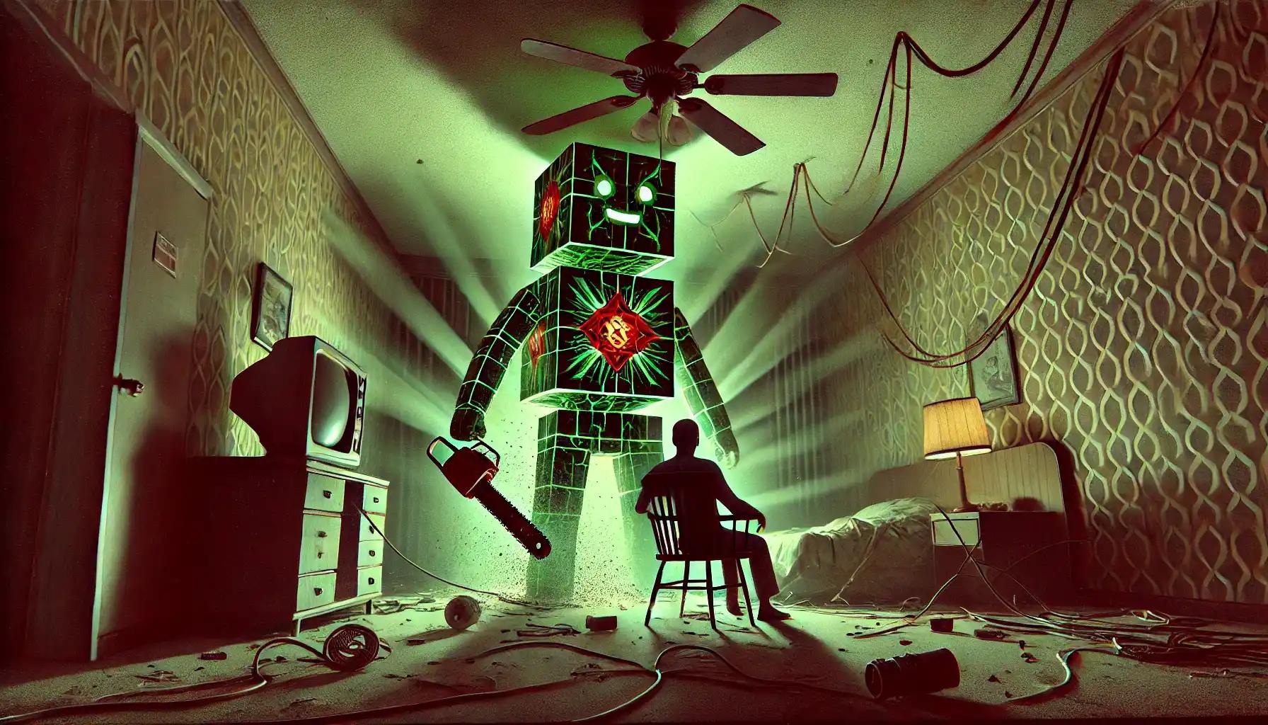 Robot interrogates suspect in dark crypto motel scene