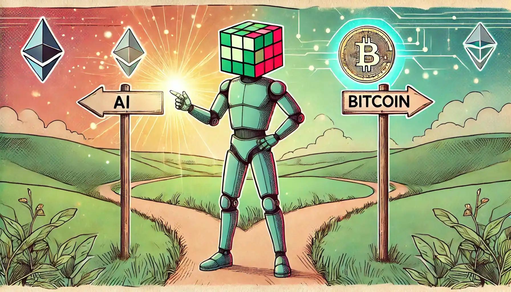 Robot juggling Bitcoin and AI orbs